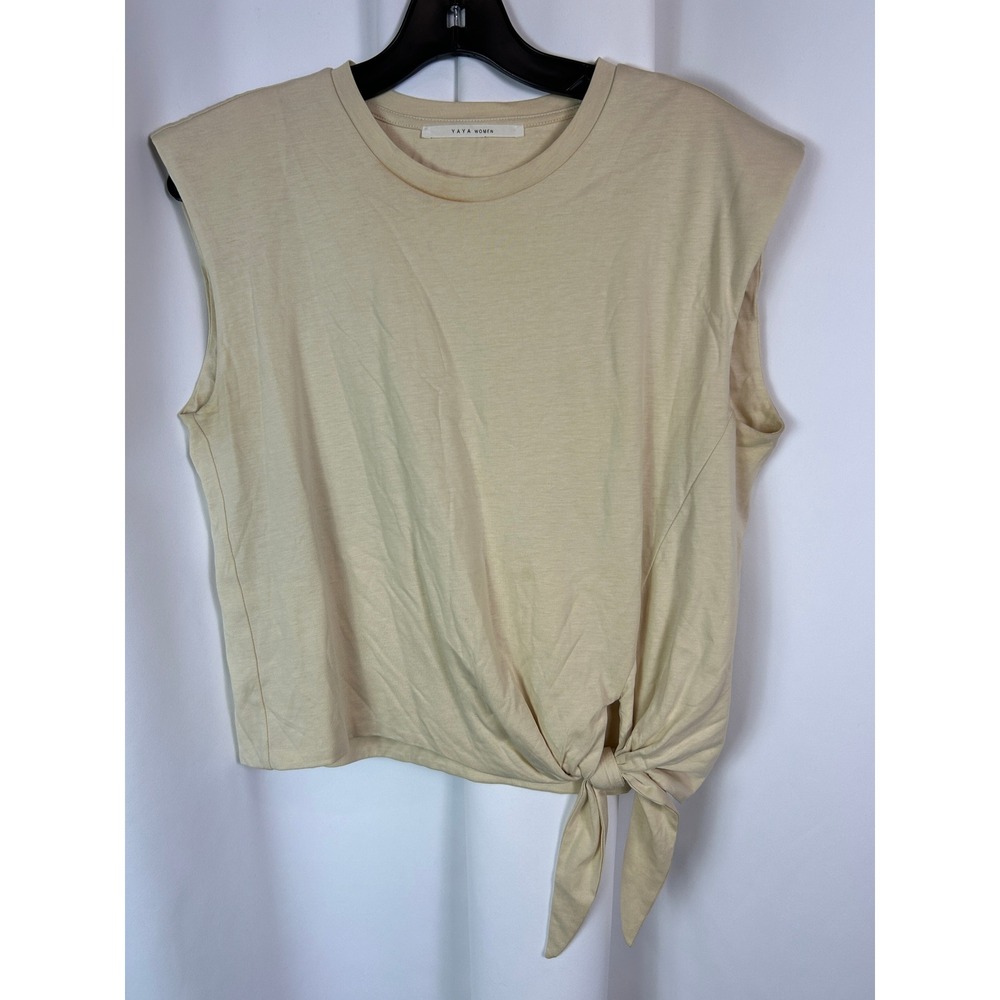 YAYA Women Beige Crewneck Side Tie Padded Shoulder Muscle Tee Minimalist